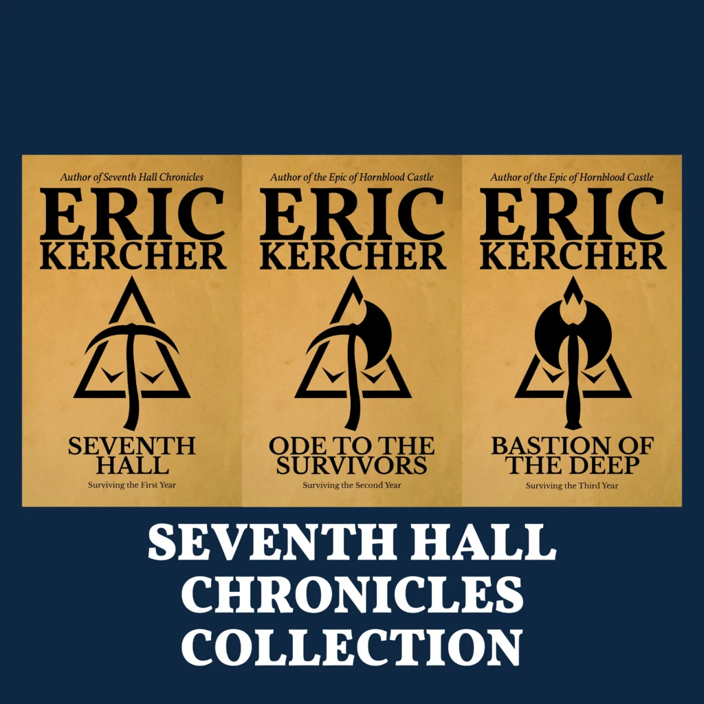 Collection of the three covers of the individual books in the Seventh Halls Chronicles series