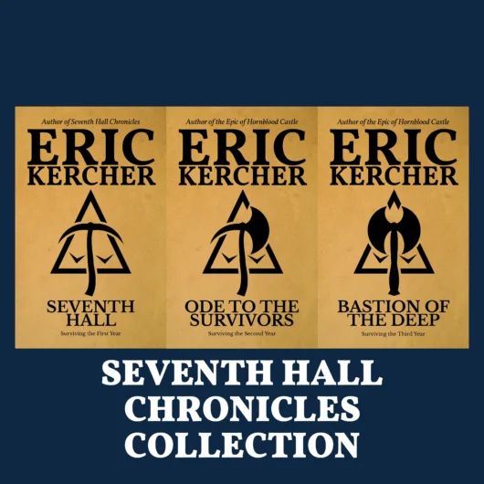 Collection of the three covers of the individual books in the Seventh Halls Chronicles series