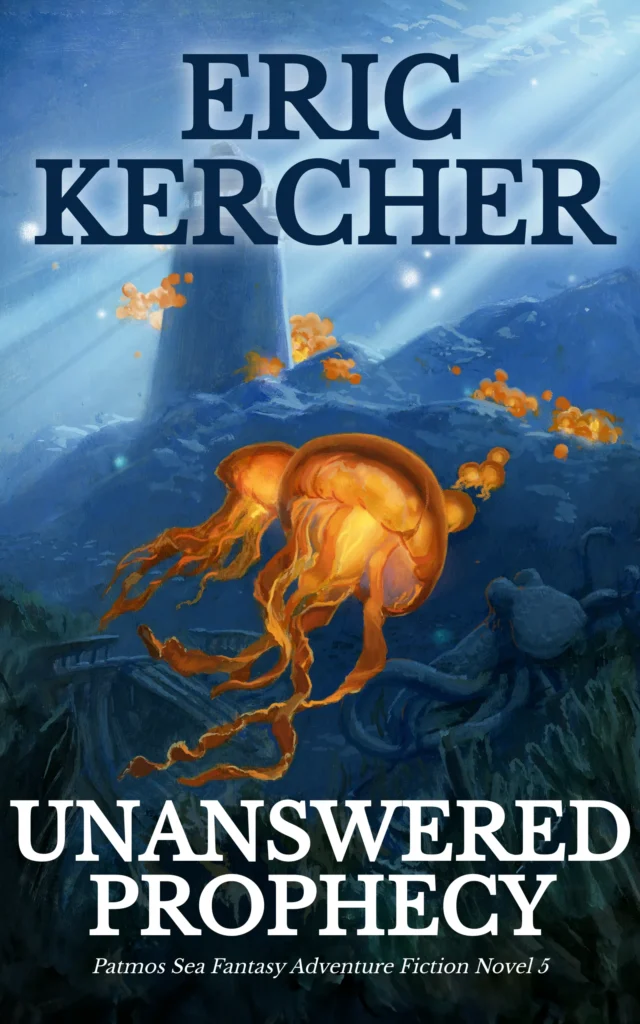 Glowing jellyfish surrounding an underwater lighthouse