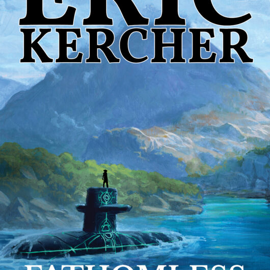 Book cover for Fathomless Pursuit by Eric Kercher. A magical submarine in the shadow of a majestic island mountain.