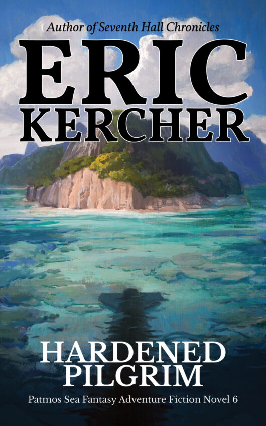 The book cover for Hardened Pilgrim by Eric Kercher. An island cliff hides a magical submarine.