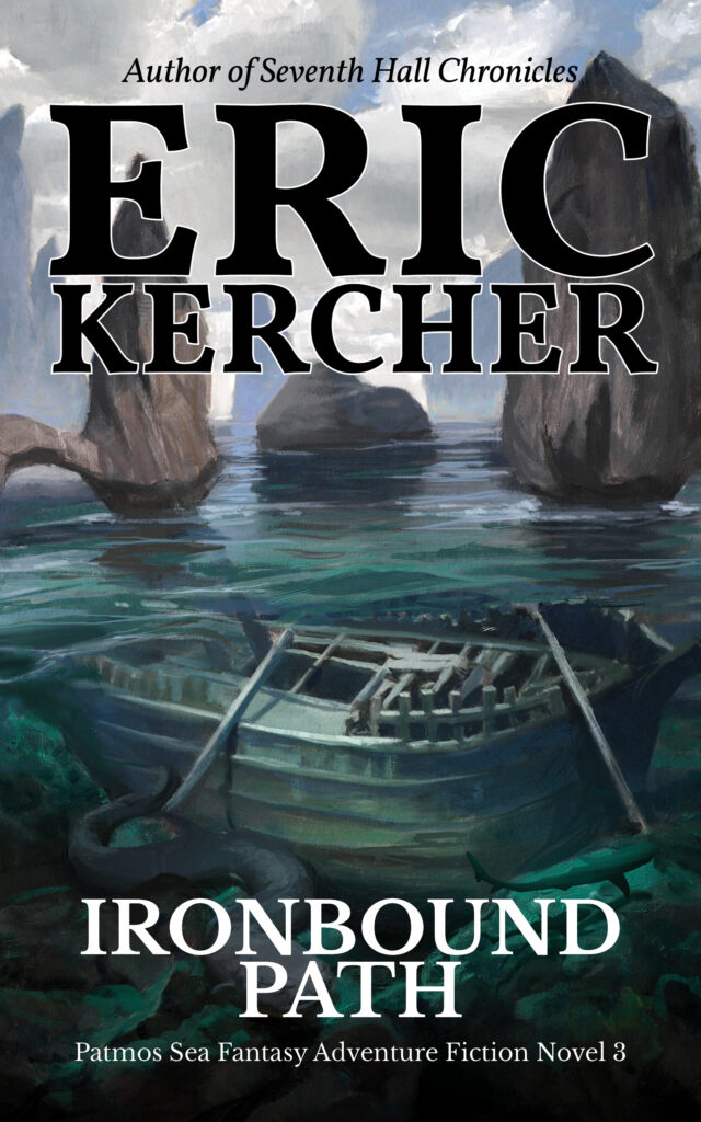 The book cover for Ironbound Path by Eric Kercher. A shipwreck amid mysterious craggy spires.