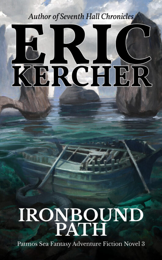 The book cover for Ironbound Path by Eric Kercher. A shipwreck amid mysterious craggy spires.