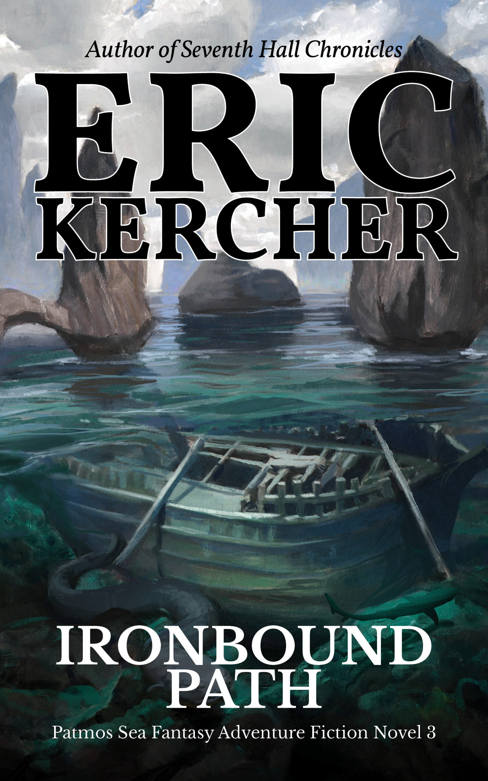 The book cover for Ironbound Path by Eric Kercher. A shipwreck amid mysterious craggy spires.
