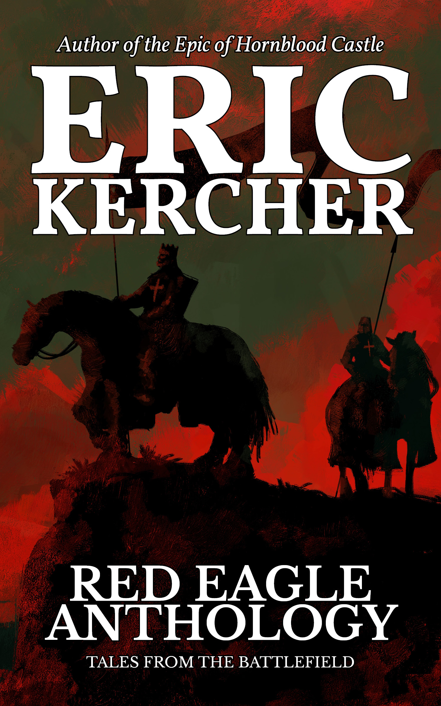 The book cover for Red Eagle Anthology by Eric Kercher. A pair of warriors in red stand on an overlook.