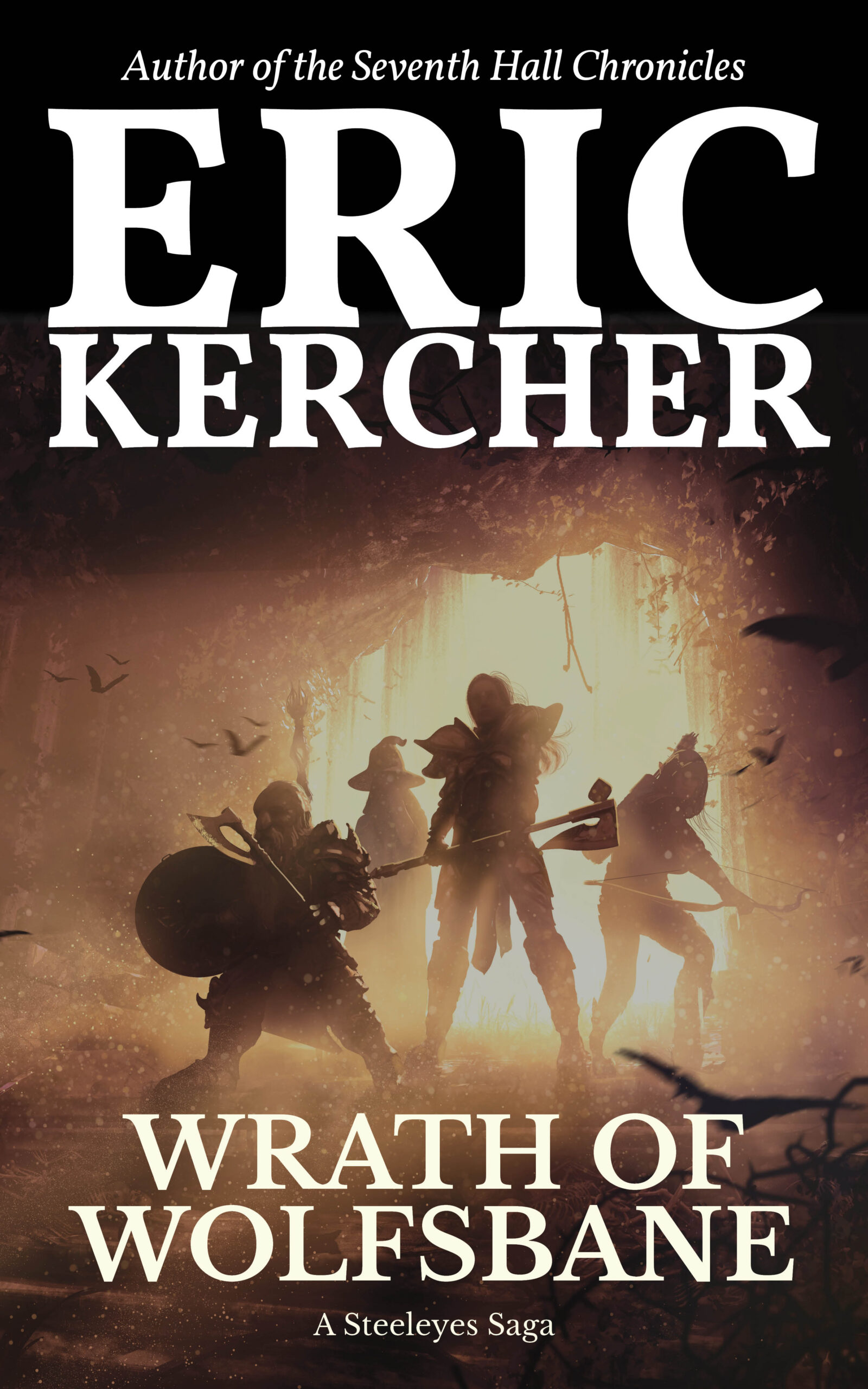 The book cover for Wrath of Wolfsbane by Eric Kercher. A group of adventurers descend into the depths with light pouring in behind them